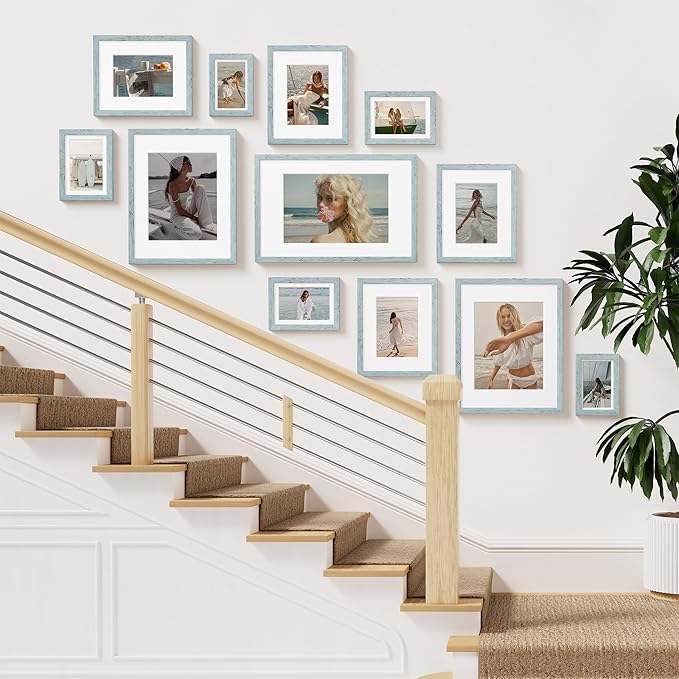 Vittanly 11x14 Picture Frame Set of 2, Solid Wood Frame for Wall Art Photo and Prints, Display Photo 8x10 with Mat or 11x14 without Mat, Rustic Blue