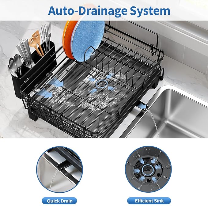 TOOLF Extendable Dish Drying Rack, 2 in 1 Multifunction Dish Rack for Kitchen Counter, Expandable Dish Drainer Over Sink, Large Plate Strainer with Drainboard & Cups Holder, Black