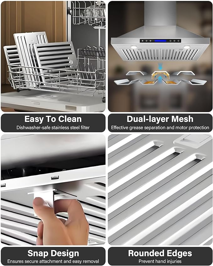 30 inch Stainless Steel Wall Mount Range Hood - 900 CFM, Ultra-Quiet 4-Speed Vent, Touch/Remote Control LCD, LED Lights, Ducted/Ductless Convertible