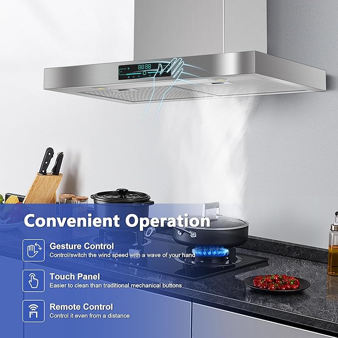 KMA-E30 Wall Mount Range Hood with 4-Speed Fan,900CFM Powerful Suction,30 Inch Stainless Steel Ducted Kitchen Vent Hood Extractor with Led Lights,Smart Touch Panel and Remote Control