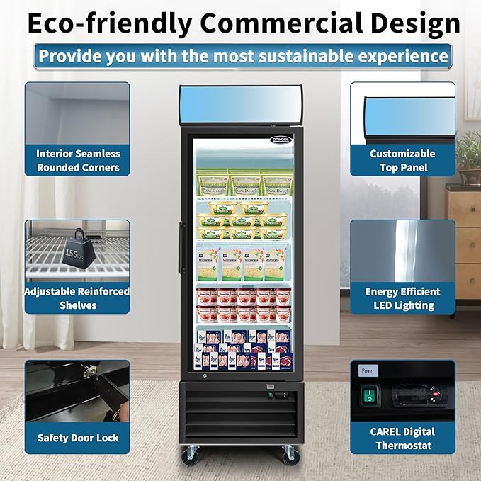 27" Commercial Upright Freezer with 1 Glass Door, 19 Cu.Ft Display Freezer, -8~-1℉, Reach-in Fan Cooling Freezer with 4 Shelves & LED Top Panel for Restaurant Diner Bar, ETL Approved