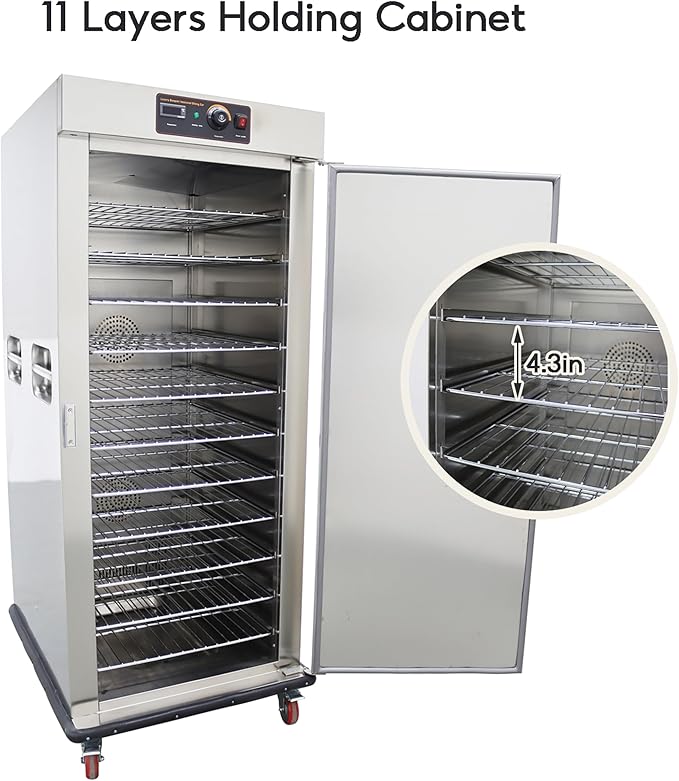 TECHTONGDA Commercial Heated Holding and Proofing Cabinet Mobile Food Warmer Catering Case Stainless Steel 11 Layers 86-185℉ 220V