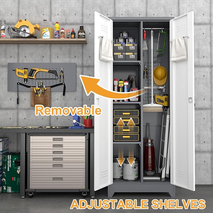 65" H Locking Storage Cabinet,Metal Broom Storage Cabinet with Doors and Adjustable Shelves,Steel Tall Garage Cabinet with Pegboard and Hanging Rod for Home Office,School,Gym,Grey-White