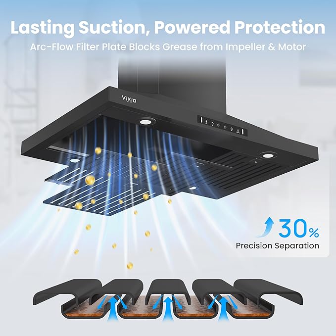 Island Range Hood 30 Inch, 390 CFM kitchen Hood with Dual-Sided Touch/Gesture Control, Ceiling Mount Kitchen Vent Hood, Convertible Ducted/Ductless, 3-Speed Fan&4 LED Lights, 2 Baffle Filters, Black