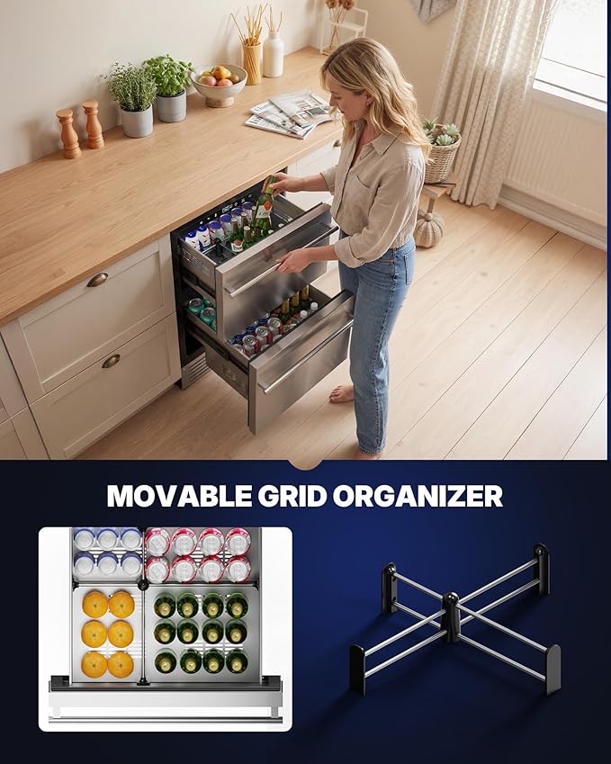 Upstreman 24 Inch Under Counter Double Drawer Refrigerator, Waterproof Stainless Steel Outdoor Refrigerator, Grid Organizers, LED Light, Built-in or Freestanding Beverage Fridge for Home/Patio -BR50D