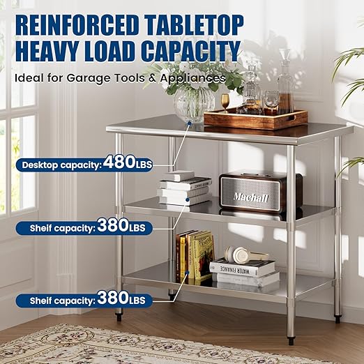 Stainless Steel Work Table 24 x 48 Inch with 2 Adjustable Undershelves, Heavy-Duty Metal Prep Table for Commercial Kitchen & Restaurant, Garage, Outdoor