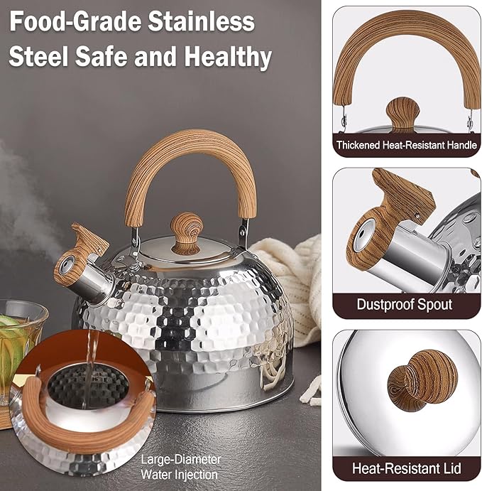 Tea Kettle, Food Grade Stainless Steel with Wood Pattern Folding Handle, Whistling Kettle for Induction, Gas, and Electric Stovetops (3 liters)