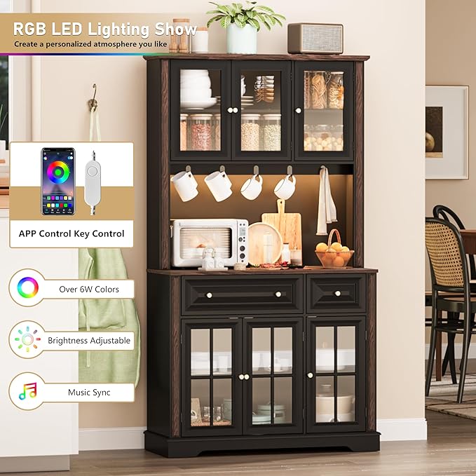 70" Kitchen Pantry Cabinet with Power Outlet| LED Lights, 38" W Kitchen Hutch Storage Cabinet with Countertop, Tall Kitchens Hutch Cabinets for Home Dining Living Room, Black