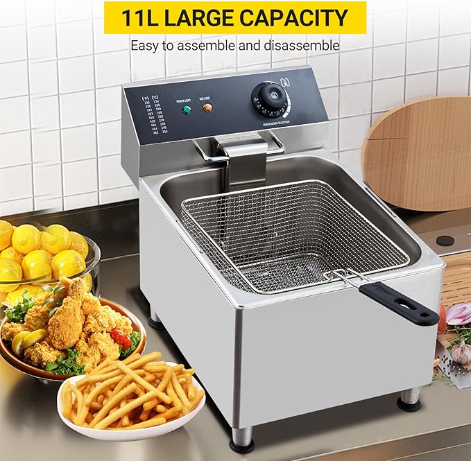 11L Commercial Deep Fryer | 201 Stainless Steel Electric Countertop Fryer with XL Basket | 1700W 110V for Restaurant & Home Use