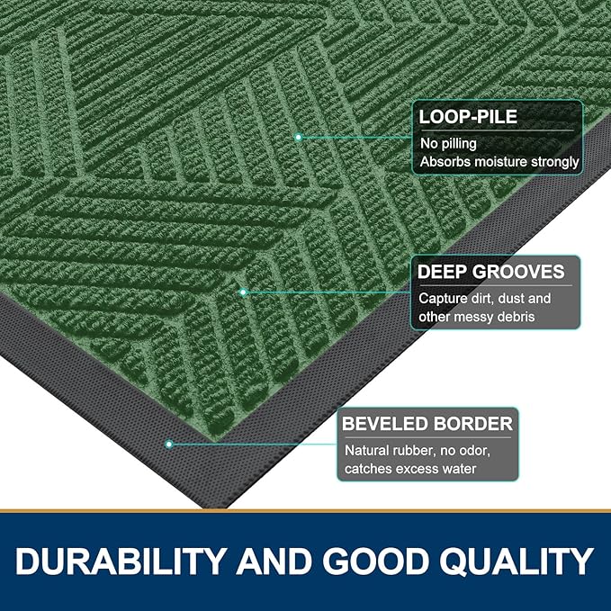 Smiry Front Door Mat Outside Entrance, Heavy Duty Sturdy Natural Rubber Doormat, Trap Dirt and Moisture, Easy Clean Low Profile Mats for Indoor Outdoor Entry, Irregular Triangle (47x32, Green)