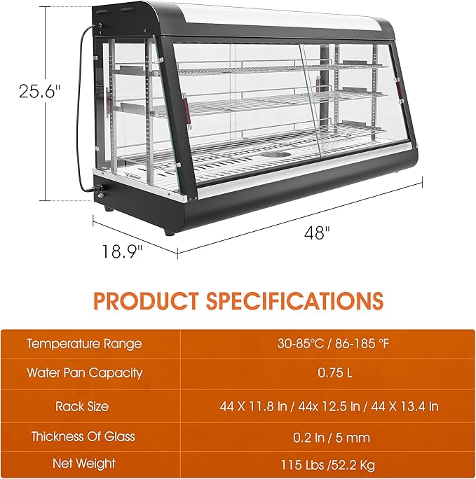48 inch Food Warmer Display, Anpuce 3-Tier Food Warmer Countertop Display Pizza Pastry Warmer w/ 3D Heating with LED Lighting, Temper Glass Door, Pastry Display Case for Buffet Restaurant