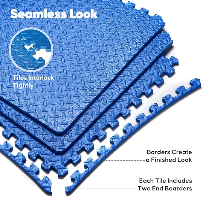 Home Gym Mat, Puzzle Exercise Mat,EVA Interlocking Foam Floor Tiles for Home Workout Equipment and Kids' Play Areas - Blue, 24 in x 24 in x ½ in - 32 Tiles (Blue, 32 Pack 128 sq ft)