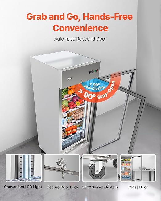VEVOR Commercial Reach-In Refrigerator 29" W, 22 Cu.Ft Stainless Steel Upright Refrigerator with Single Glass Door, Auto-Defrost, 4 Adjustable Shelves, 32 to 50℉ Temp Control, ETL Certified