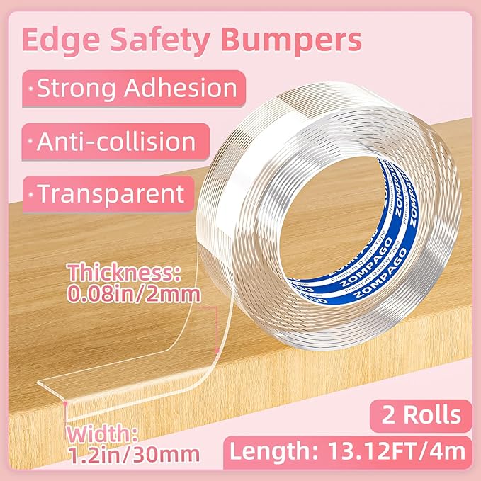 Clear Baby Edge & Corner Protector Strip - 2 Rolls, 1.18 in × 13 FT Self-Adhesive Safety Bumper, Transparent Anti-Collision Guard for Table, Cabinet, Furniture & Wall | Baby Proofing Essential