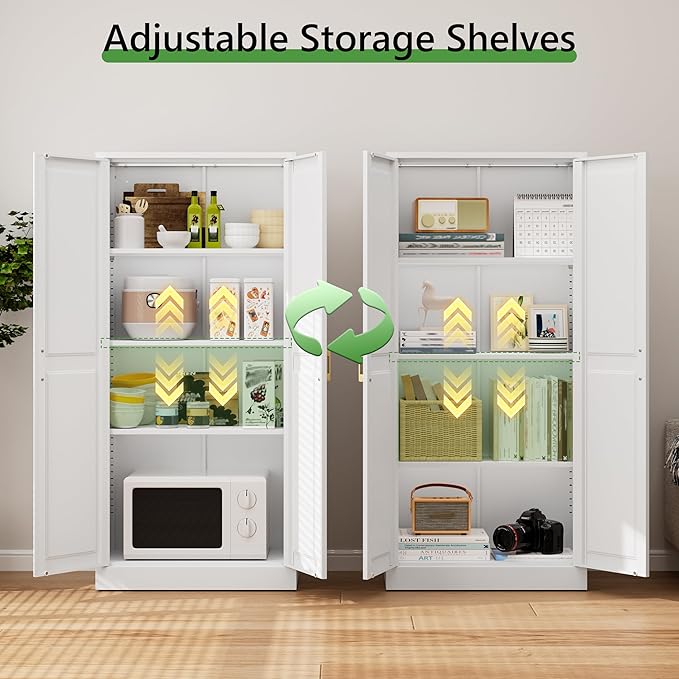 60" Kitchen Pantry Storage Cabinet,White Tall Storage Cabinet With Doors and Shelves,Metal Food Pantry Cabinets for kitchen storage,Freestanding Cupboard for Dining Living Room,Assemble Required
