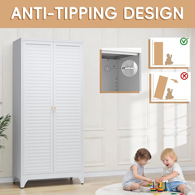 71" Metal Wardrobe Cabinet with Hanging Rod,Armoire Wardrobe Closet with Doors and Adjustable Shelves, Whiet Clothing Storage Cabinets for Bedroom,Office,School,Hospital