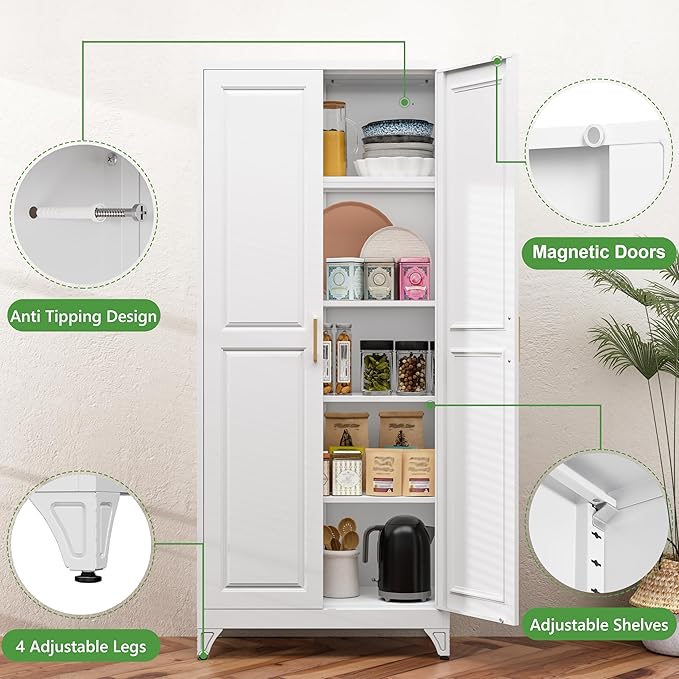 75”Tall Metal Pantry Storage Cabinet with Doors and 4 Shelves, White Kitchen Pantry Cabinet, Modern Freestanding Cupboard for Living, Dining Room, Office, Assembly Required