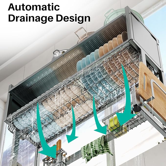 Over The Sink Dish Drying Rack with Cover, Over The Sink Dish Drainer Drying Rack 3 Tier Dish Rack, Keep Kitchen Sink Shlef Organized Space-Saving for Dishes and Cutlery (Matte Gray, 33.4" Length)