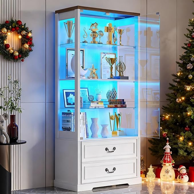 Glass Display Cabinet with Door, 4-Tier Curio Cabinet with 2 Drawers and Adjustable Glass Height Showcase, Display Case with 3 LED Light and Human Body Sensor, White