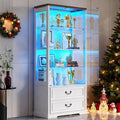 Glass Display Cabinet with Door, 4-Tier Curio Cabinet with 2 Drawers and Adjustable Glass Height Showcase, Display Case with 3 LED Light and Human Body Sensor, White