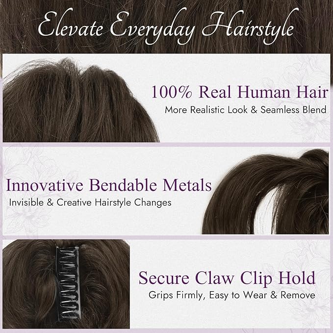 BARSDAR Short Claw Clip Human Hair Ponytail Extension - 8 Inch Real Human Hair Dark Brown Messy Bun Hairpieces for Women - Thick Natural DIY Styles Short Ponytail with Bendable Metals Daily Wear
