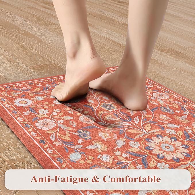 KIMODE Anti Fatigue Mat for Kitchen Floor Non Slip,Boho Vintage Floral Kitchen Rugs Sets of 2,Wide Cushioned Memory Foam Waterproof Standing Carpet for Laundry Sink Home,Red