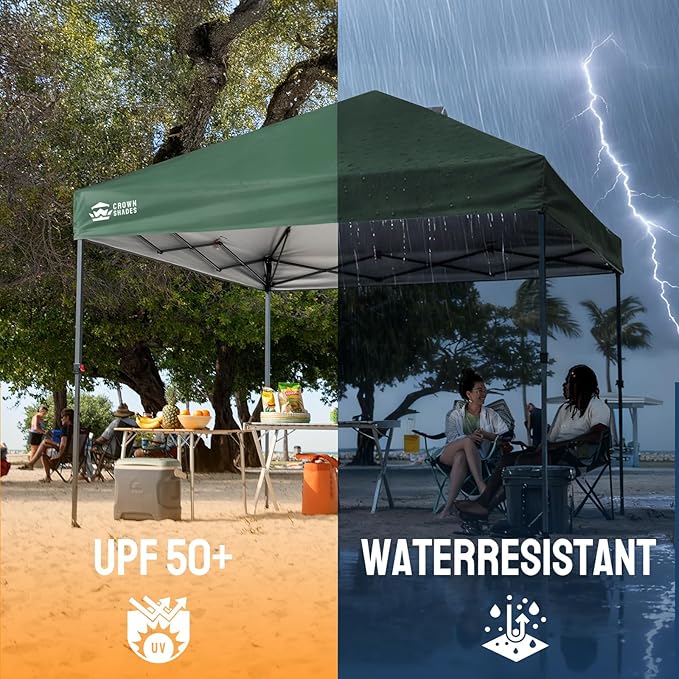 CROWN SHADES 10x10 Pop Up Canopy - Patented Center Lock One Push Instant Outdoor Canopy Beach Tent with STO-N-Go Bag 8 Stakes & 4 Sand Bags，Forest Green