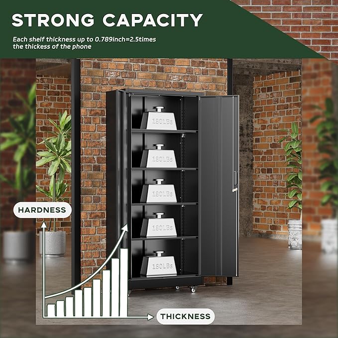 Greenvelly Metal Storage Cabinet with Wheels, 73" Black Lockable Rolling Storage Cabinets with Doors and 4 Adjustable Shelves, Large Steel Cabinet for Garage, Office, Home, School