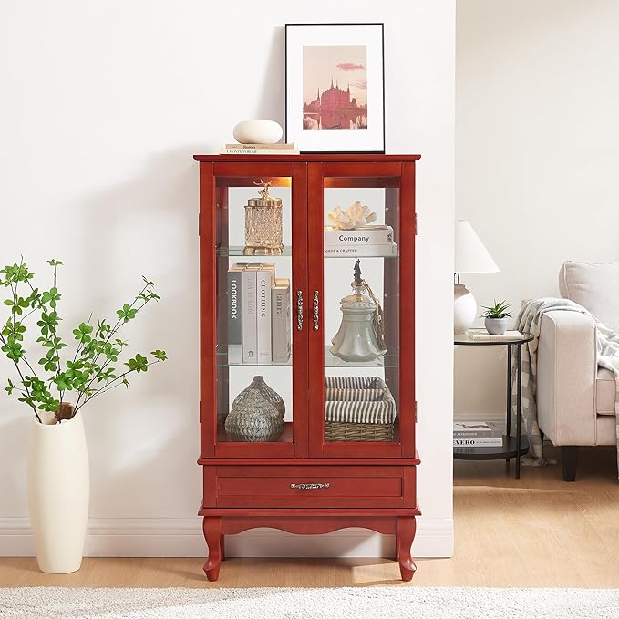 49" H Lighted Curio Cabinet Display Case, Glass Curio Cabinet with Adjustable Shelves,Tempered Glass Door and Drawer, Wooden Cabinets w/Mirrored Back Pane for Living Room (Cherry)