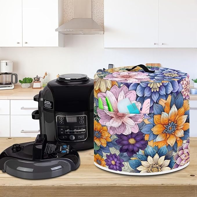 Air Fryer Cover Dust Cover, Washable Small Appliance Covers for 3 Quart Air Fryer & Pressure Cooker Kitchen Appliance Accessories with Pockets, Bright Blossom