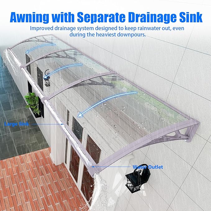 Awning for Door Entrance with Drainage Sink,32x80 Inch Awnings for Doors,Window Canopy Exterior with Plastic Steel Bracket,Polycarbonate Cover,UV,Rain,Snow Protection for House,Porch,Patio,Deck