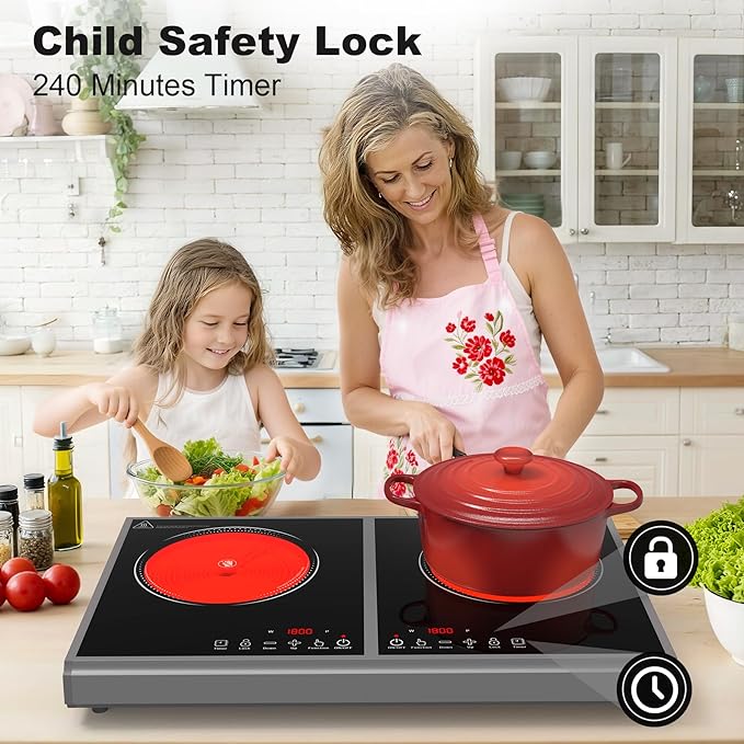 Electric Cooktop,110V 3600W Stove top, 20 inch Countertop with 9 Power Levels,LED touch control,Overheat Protection,Child Safety Lock & Timer,touch control 2 burner Electric cooktop
