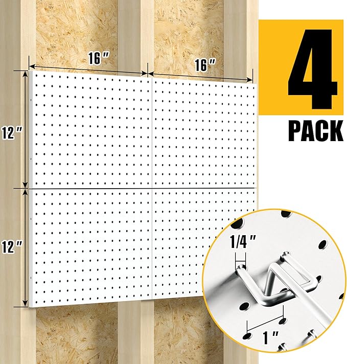 Peg Board, 4 Pack Metal Pegboard Panels with 50 Hooks, White Pegboards Wall Organizer, Heavy Duty Peg Board for Walls Home, Garage Tool Storage, Office Organization, Craft Room, Kitchen