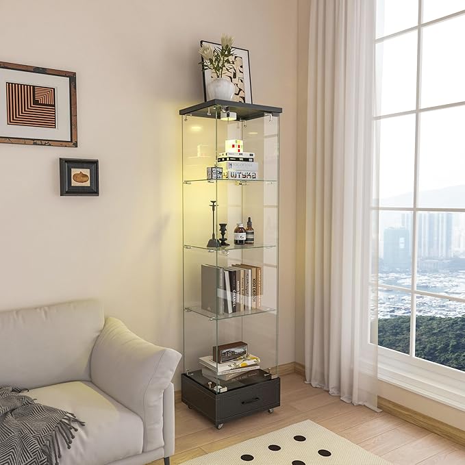 Yoluckea 4 Tiers Glass Display Cabinet with LED Lighting and Drawer, 1 Door Floor Standing Curio Cabinet with Wheel for Home, Office, Corner Display, Black Glass Bookshelf for Collections and Decor