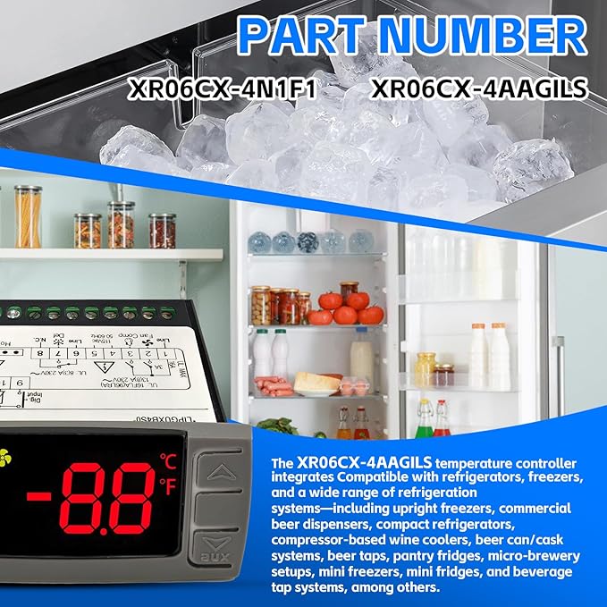 Replacement for Dixell XR06CX-4AAGILS Thermostat Temperature Controller, Programmable Digital Thermostat with Sensor Probe 120V 50-60hz Fit for Freezer/Refrigerator