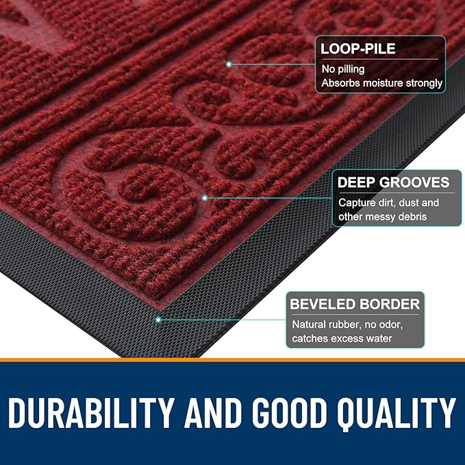 OLANLY Welcome Door Mat Indoor Outdoor Entrance, Heavy Duty Sturdy Front Door Mat, Waterproof All-Weather Doormat, Stain Resistant, Low Profile, Easy Clean Patio Entryway Mat, 36 x 24, Wine Red