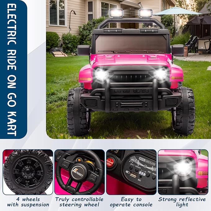 Ride on Truck Car, 12V Kids' Electric Vehicles W/Parents Control, Ride on Toys for Toddlers with Music, Bluetooth, Four-Wheels Suspension, USB, Headlights, Pink