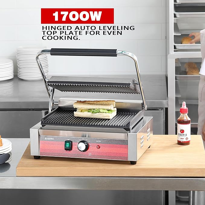 EGGKITPO Commercial Panini Press Grill with Grooved Plates Electric Sandwich Maker with Adjustable Temp Control 110V 1700W 14"×9.5" Ribbed Enamel Plates for Breakfast and Hamburger in Home Kitchen