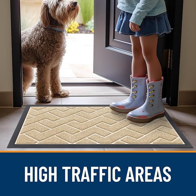 OLANLY Front Door Mat Indoor Outdoor Entrance, Waterproof All-Season, All-Weather Doormat, Sturdy Natural Rubber, Low Profile, Easy Clean Patio Porch Entryway Mat, Herringbone Brick (Beige, 71x23)