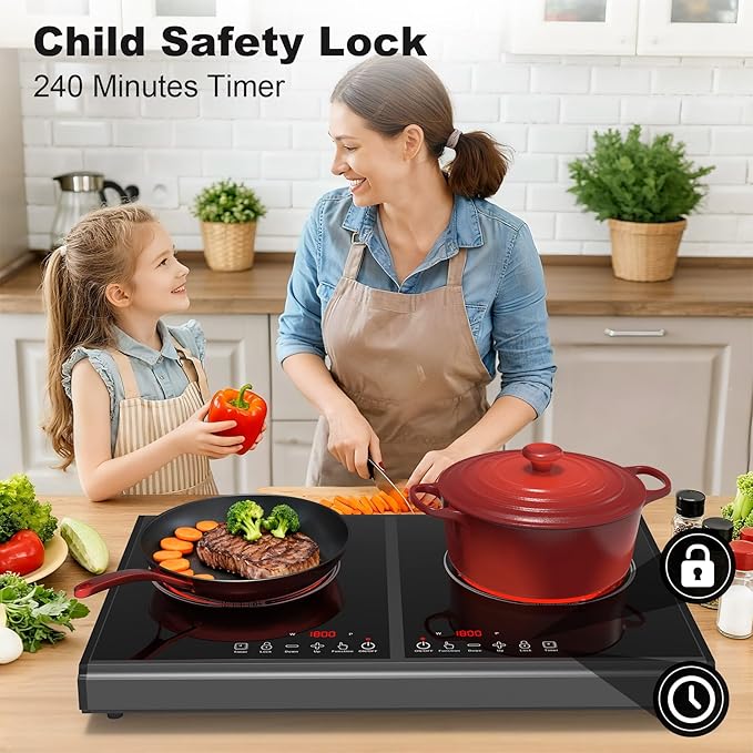 VBGK Electric Cooktop, 110V 3600w Stove top, 20 inch Countertop with 9 Power Levels, LED touch control Overheat Protection, Child Safety Lock & Timer, touch control 2 burer Electric cooktop