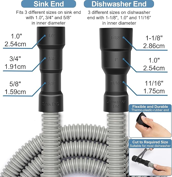 MyLifeUNIT Universal Dishwasher Drain Hose, 6.7 Ft Dishwasher Discharge Hose Extension, Corrugated and Flexible Dishwasher Hose Drain Replacement with 2 Clamps, Fits 11/16",1" and 1-1/8"
