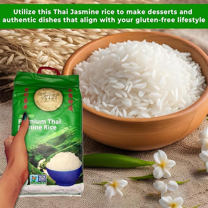 25 Pounds (LBS) Premium Thai Hom Mali Jasmine Rice | Endorsed By Pro Chefs | Four Elephants Brand | DIY Friendly Cooking Instructions Packaging