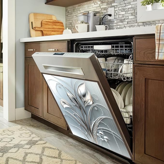 Grey Metal Silver Flower Leaf Pattern Magnetic Dishwasher Cover Sheet Polishing Dishwasher Skin Decor Anti-Scratch Kitchen Decorative Magnetic Stickers Fridge Refrigerator Panel 23x26 Inch