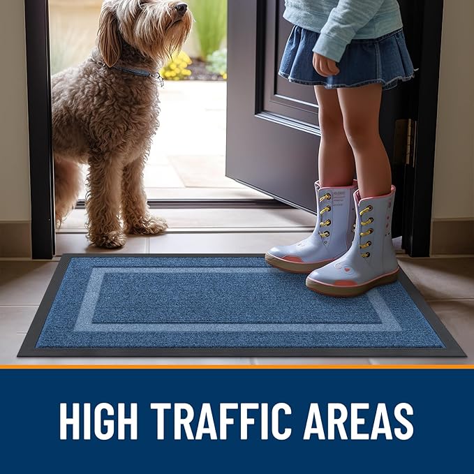 OLANLY Front Door Mat Indoor Outdoor Entrance, Waterproof All-Season, All-Weather Doormat, Sturdy Natural Rubber, Fade Resistant, Low Profile, Easy Clean Patio Porch Entryway Mat, 47x30, Light Blue