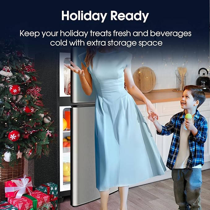 3.2 Cu.Ft Fridge with Freezer with 2 Doors, Refrigerator with 7 Level Temperatures, LED Light, Adjustable Shelves, Food Storage Cooling Drink for Bedroom, Office, Dorm, Apartment, Silver