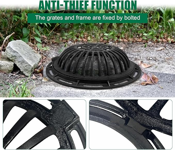 12in Ductile Iron Atrium Drain Grate and Frame,Dome Durable Metal Overflow Relief Gully Dome Grate with Bolted Down Base,Cast Iron Sewage Drain Grates for Garden,Yard,Lawn(Overall Size 14.2")