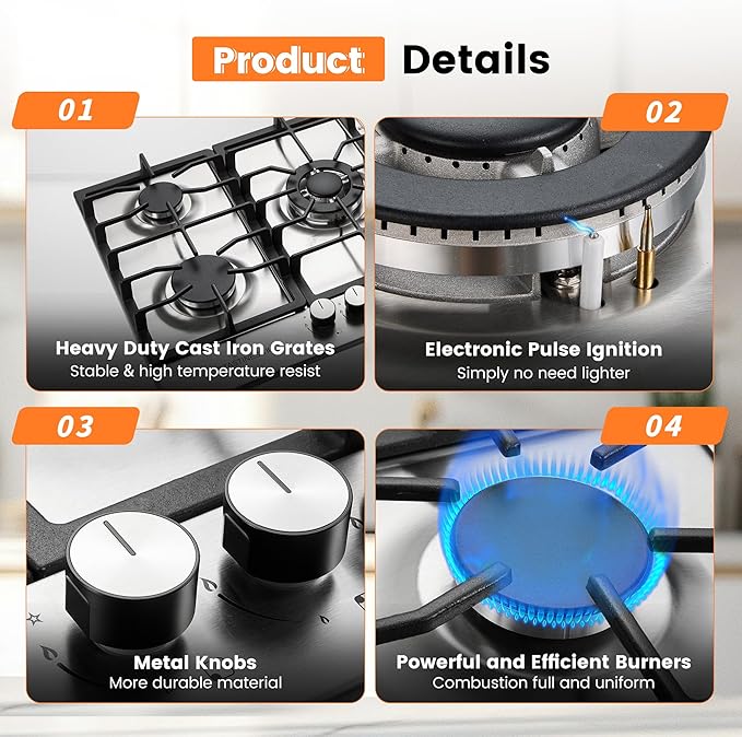 30 Inch Gas Cooktop,Built-in 5 Burners 304 Stainless Steel Gas Stovetop，NG/LPG Convertible Cooktops，Flame Failure Protection & Efficient Cooking