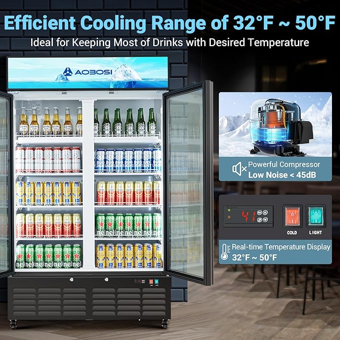 AAOBOSI 44”Commercial Merchandiser Refrigerator,27.02 Cu.Ft Glass Door Display Refrigerator,Upright Beverage Fridge with Soft LED Light,Customizable Lightbox,Universal Casters,Adjustable Shelves
