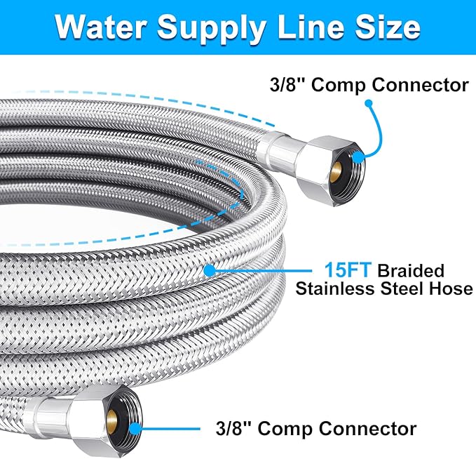 Dishwasher Installation Kit - 15 FT Premium Stainless Steel Braided Dishwasher Hose kit,Food Grade PEX Inner Tube Dishwasher Water Supply Line with 3/8"x3/8"MIP Elbow,3/8"x 3/4" FHT Elbow