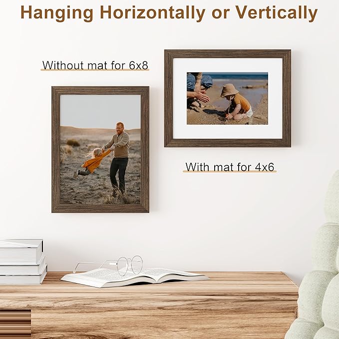 Vittanly 6x8 Picture Frame, Solid Wood Frame with Plexiglass, Includes 4x6 Mat, Wall Hanging or Tabletop for Photos, Home Decor, Brown, 1 Pack